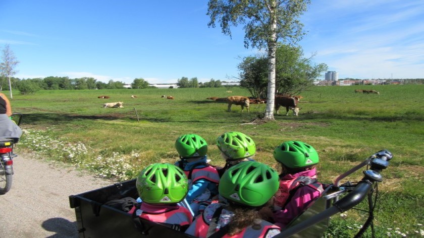 Barn sitter i en förskolecykel