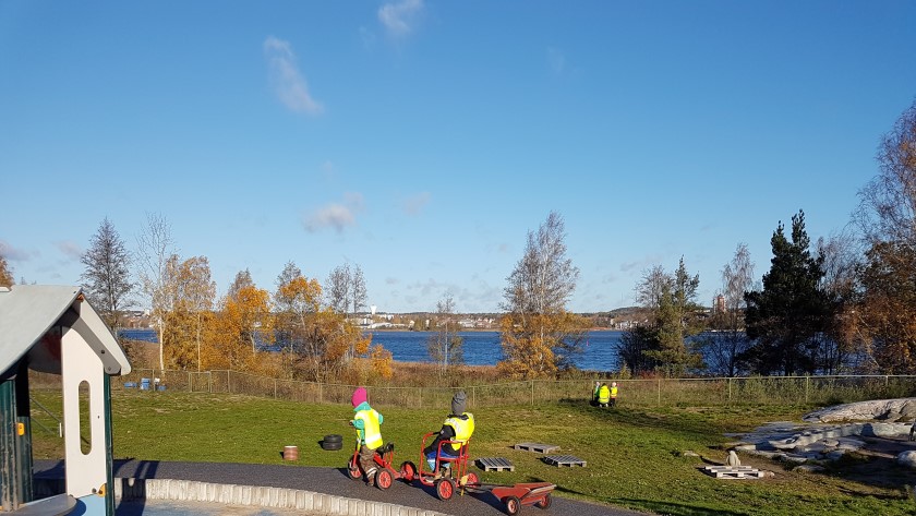 Barn cyklar på gården